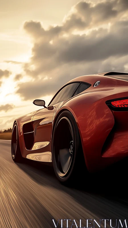 Sunset-forged supercar streaking through molten highway light.