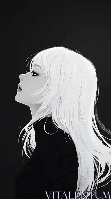 White haired profile portrait against solid dark background.