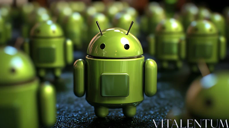 Chrome-bright android mascot quietly rebels from the swarm