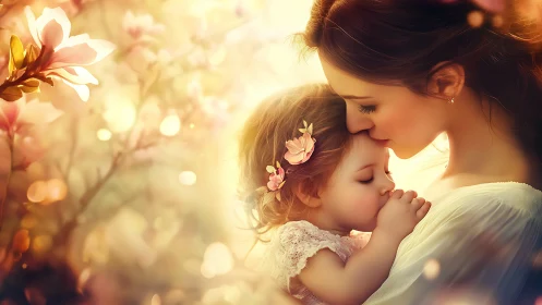 Mother and Daughter in Golden Sunlight with Flowers