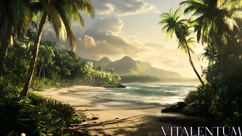 Tropical coastal landscape with palm framing and mountainous backdrop