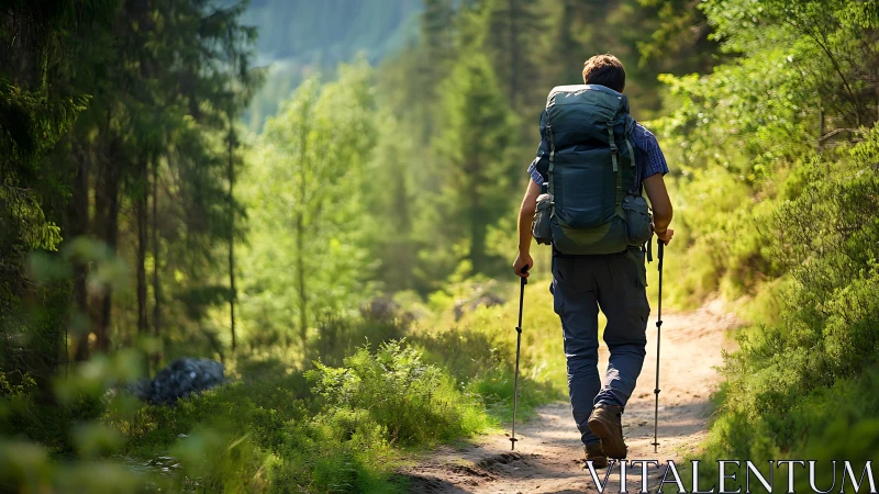 Hiker with backpack walks along sunlit forest trail