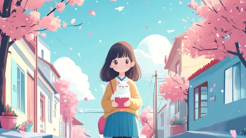 Anime girl with cat under cherry blossoms in pastel street scene