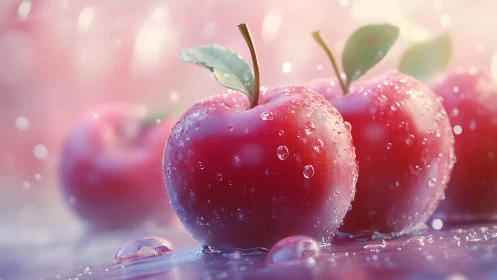 Dewy red apples in soft pastel light, hyperreal style.
