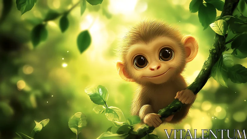 Large-eyed stylized baby monkey rendered with soft bokeh jungle lighting