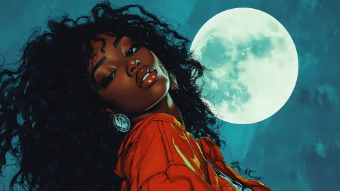 Curly haired woman in red jacket rendered against luminous full moon