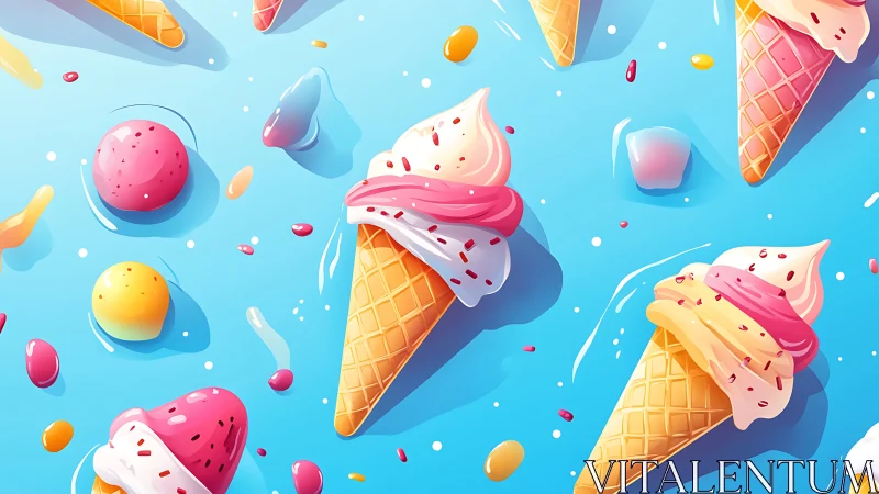Vibrant ice cream cones scatter across bright blue background.