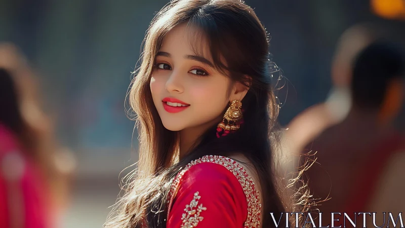 Sunlit festival smile in graceful red traditional dress.