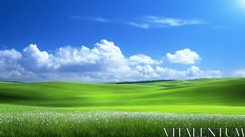Photorealistic rolling meadow under expansive blue sky.