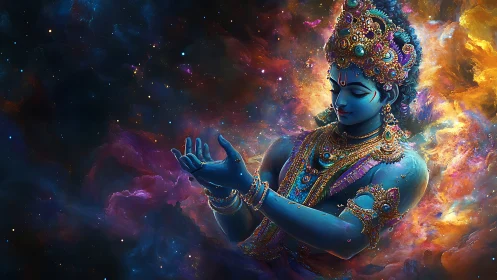 Blue-skinned jeweled figure is rendered against nebula clouds