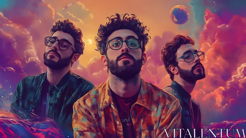 Triadic male portraits in neon cosmic gradient cloudscape