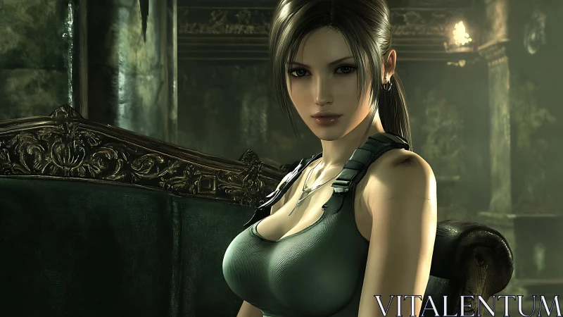 Rendered female character seated in ornate interior environment