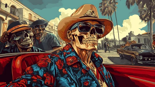 Skeleton cabriolet cruise under vintage palm boulevard.