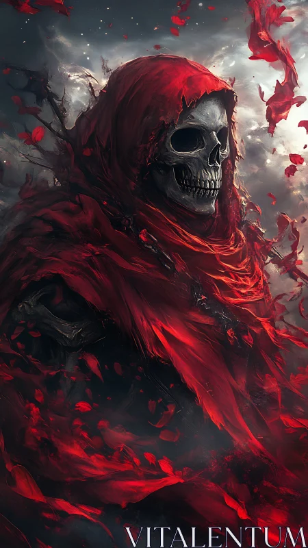 Crimson reaper drifts through storm-torn petals of oblivion