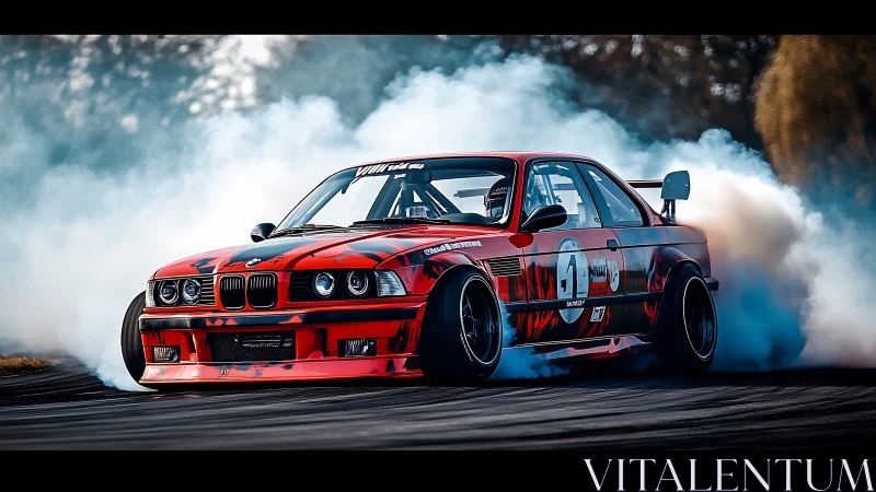 Red BMW drift car shreds racetrack under dense tire smoke.