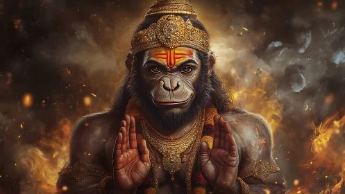 Divine simian warrior amid firelit smoke in rich regalia.