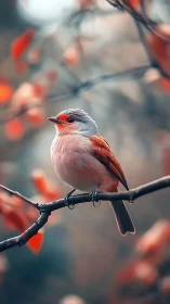 Chromatic songbird on branch in shallow-depth bokeh field.