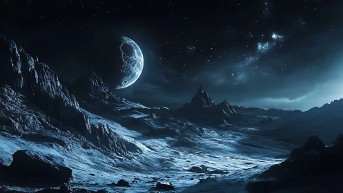 Frozen alien landscape under crescent moon and stars.