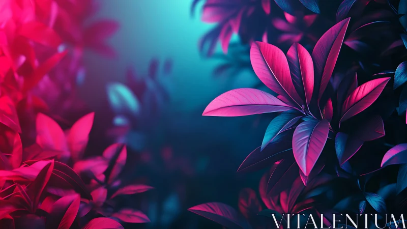 Neon jungle leaves bloom in electric magenta and cyan glow.