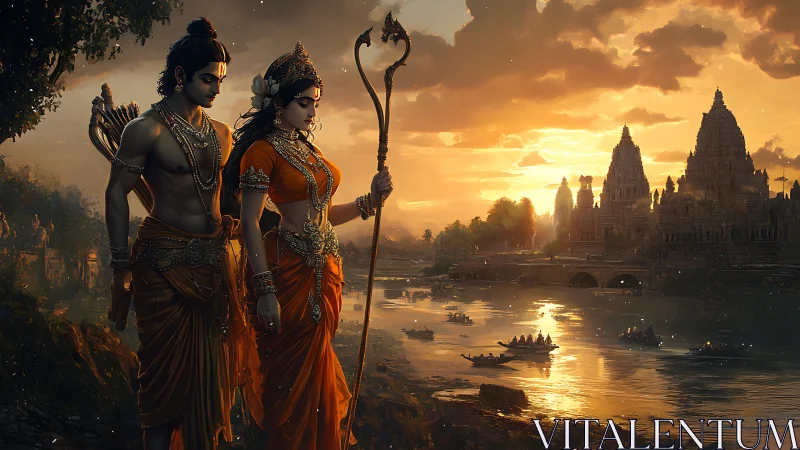 Divine couple walk beside sacred river at glowing sunset.