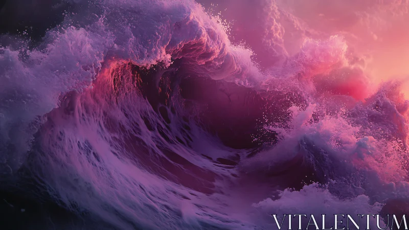 Violet storm wave curls toward glowing sunset horizon