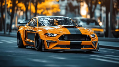 Aggressive orange muscle car streaks through urban boulevard.