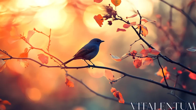 Small bird on autumn branch against warm sunset light.