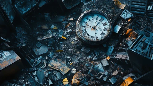 Rusting clock face lies shattered amid dystopian ruins.