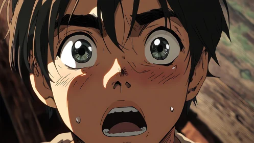 Shocked anime boy stares upward with wide teary eyes.