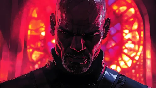 Backlit portrait of armored man under saturated red stained glass