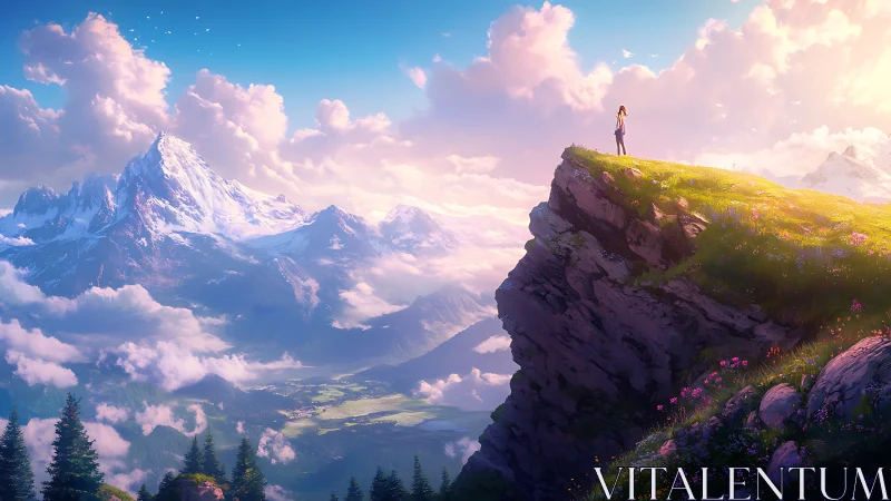 Solitary traveler contemplates majestic sunrise mountainscape.