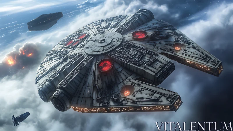 Smuggler starship knifes through stormy clouds of battle.