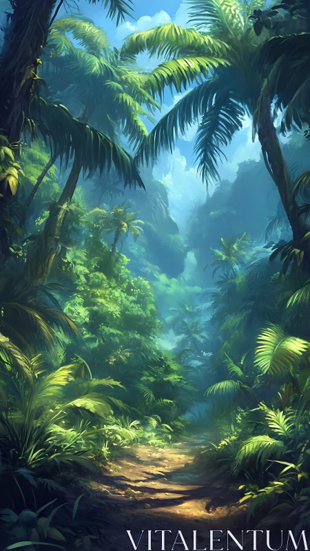 Tropical Jungle Canyon with Palm Trees and Atmospheric Haze