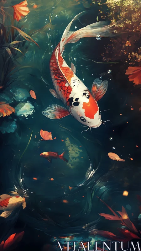 Koi fish glide through teal pond with swirling petals.