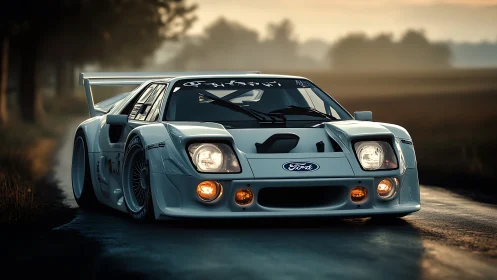 Aerodynamic Ford race coupe on rural asphalt at dusk.