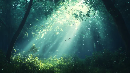 Forest canopy with directional light rays penetrating dense foliage.