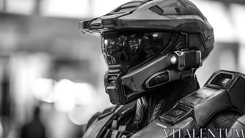 Futuristic armored soldier helmet in monochrome portrait.
