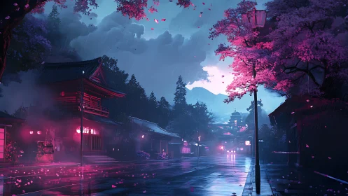 Rainy neon street with cherry blossoms and temple at dusk.