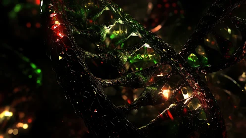 Glowing DNA spirals drifting through a cosmic nightscape.