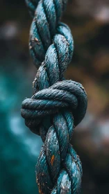 Close-up vertical view of weathered teal rope knot outdoors.
