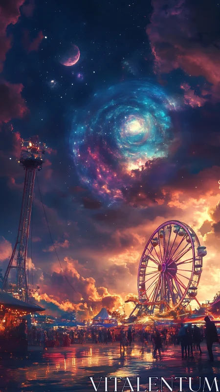 Ferris wheel carnival under spiral galaxy night sky.