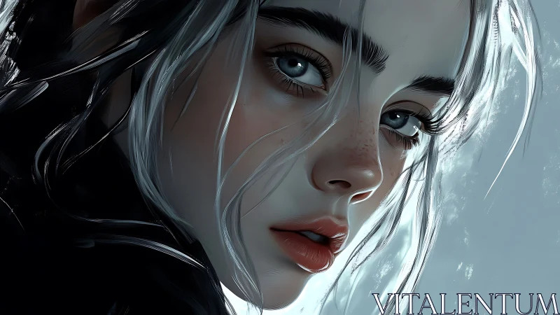 Close-up digital portrait of pensive young woman face.