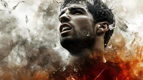 Fiery portrait of an athlete caught in a storm of motion.