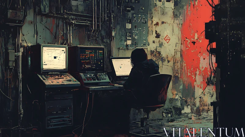 Midnight terminal ghost in a rust-bitten cyber bunker.