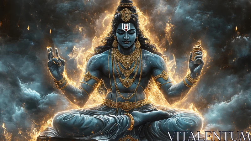 Stormforged blue deity in blazing meditative stillness.