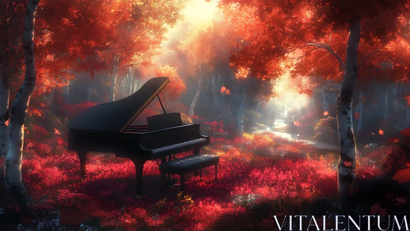 Grand piano in volumetric-lit crimson forest environment.
