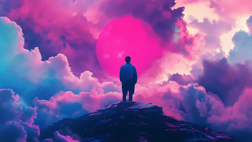 Solitary figure on neon cloud summit before radiant magenta sun
