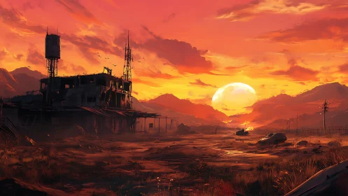 Postapocalyptic desert outpost under burning orange sunset.