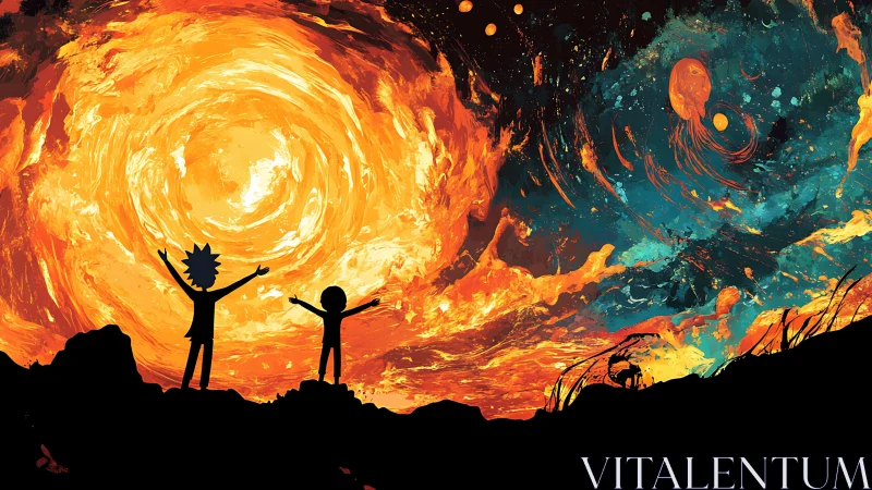 Silhouetted observers confront swirling bifurcated cosmic vortex sky