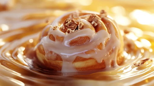 Caramel glazed cinnamon roll with pecan topping in syrup.